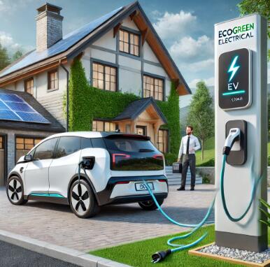 An electric vehicle charging at home with an EcoGreen Electrical charging station installed.