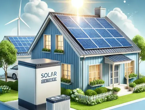 Modern home with solar panels on the roof and a sleek battery storage system, surrounded by greenery, symbolizing renewable energy and sustainability.