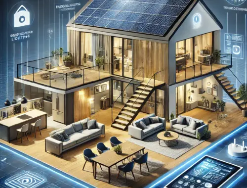 A modern UK smart home featuring solar panels, smart lighting, energy-efficient appliances, and integrated home automation.