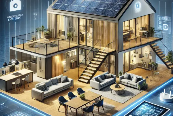 A modern UK smart home featuring solar panels, smart lighting, energy-efficient appliances, and integrated home automation.