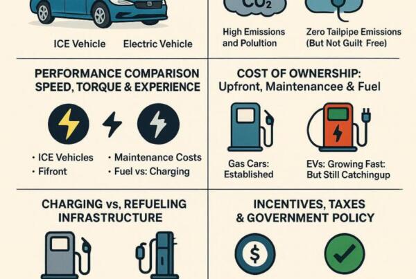 Infographic comparing ICE (Internal Combustion Engine) vehicles and EVs (Electric Vehicles) in 2025, covering topics such as environmental impact, cost of ownership, performance, infrastructure, and future outlook.