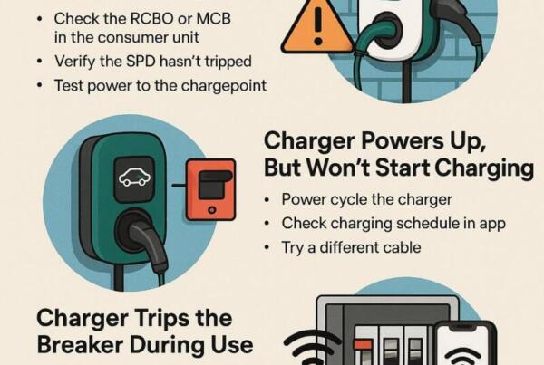 Illustrated guide titled "Troubleshooting Common Home EV Charger Problems (UK Guide)" showing four common issues: 1) Nothing happens when you plug in – check RCBO/MCB, verify SPD, test power; 2) Charger powers up but won’t start charging – power cycle, check app schedule, try a different cable; 3) Charger trips the breaker – inspect RCBO and cabling, check for water ingress, consult an electrician; 4) Wi-Fi or app connectivity issues – check signal, re-pair Wi-Fi, update app. Includes icons of chargers, warning signs, and smartphones.